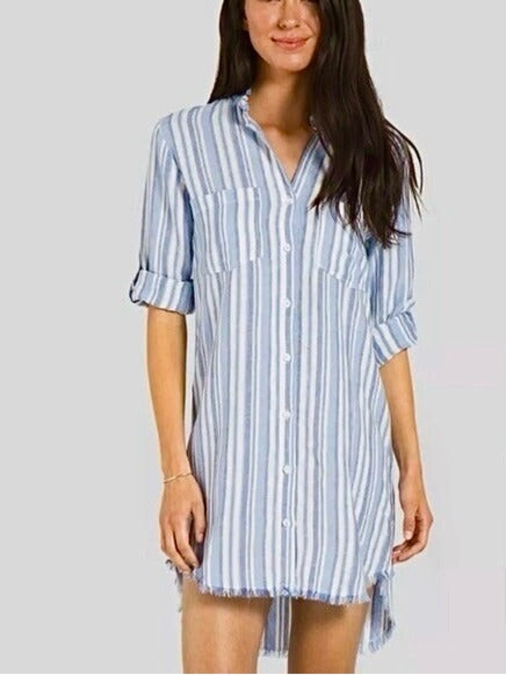 Cloth & Stone blue white western frayed hem striped button up tunic shirt XS